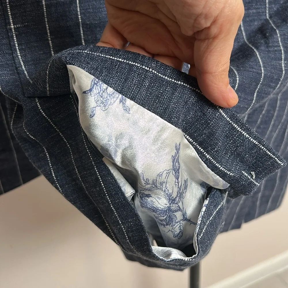 Atelier Munro Men’s Custom Made Linen Blend Striped Suit Set see measurements